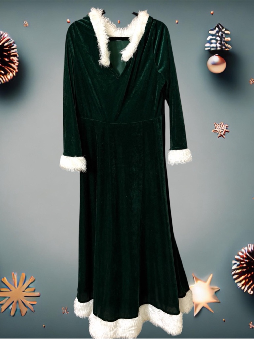 Women's XL Green Velvet Christmas Holiday Dress with Faux Fur Trim